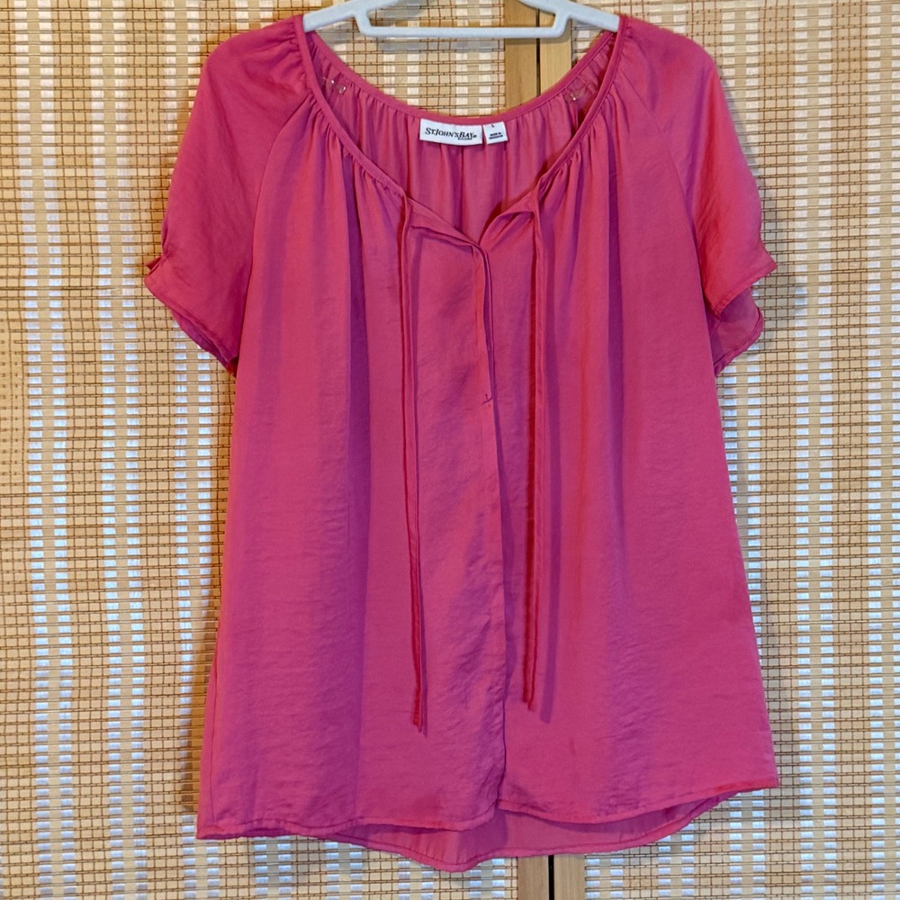 St Johns Bay Womens Pink Short Sleeve Peasant Blouse Tie Neck Top L‎ Office